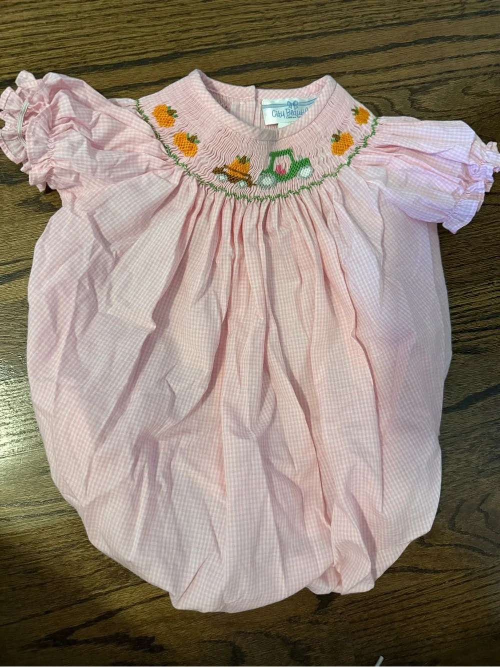 Smocked Pumpkin Pink Gingham Bubble 12M